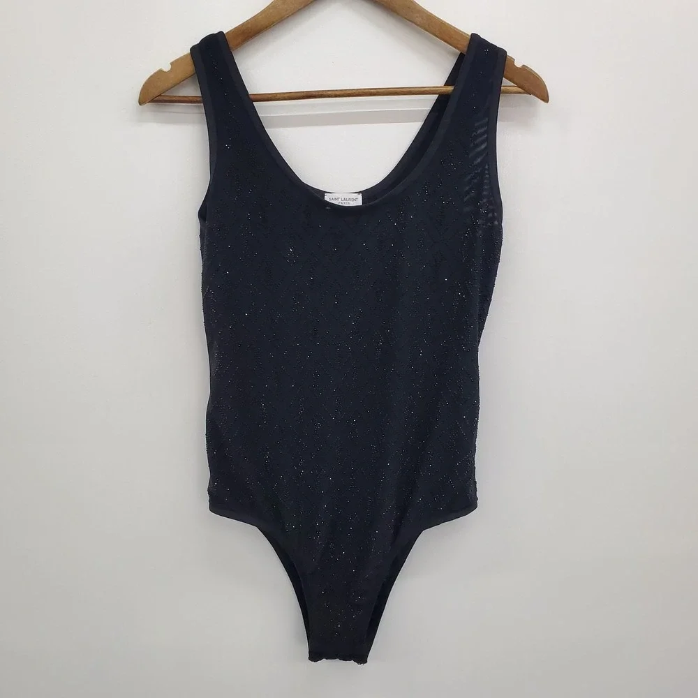 Saint Laurent Paris Womens L Black‎ Beaded Mesh Bodysuit Made in Italy NWOT